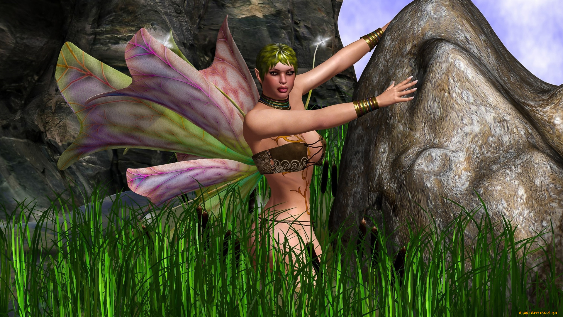 3д, графика, эльфы, , elves, фон, взгляд, эльфийка