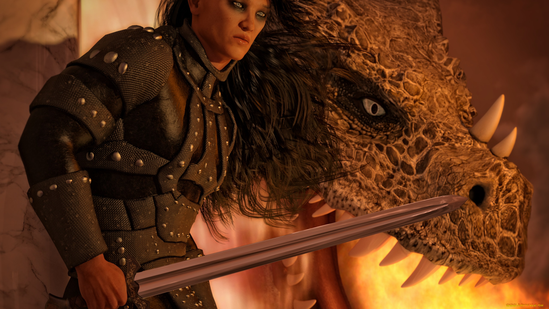 3д, графика, фантазия, , fantasy, мужчина, взгляд, фон, оружие, дракон, воин