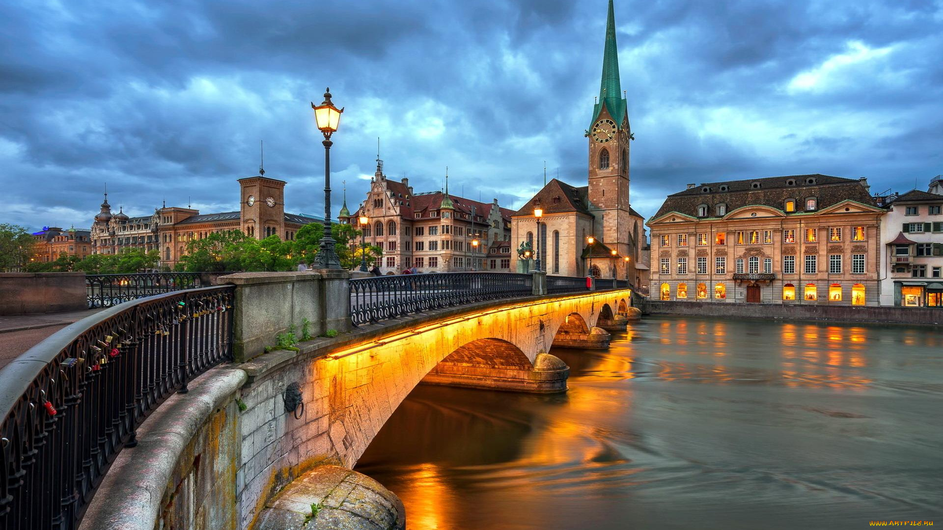 города, -, мосты, дома, здания, фонарь, башня, огни, мост, река, тучи