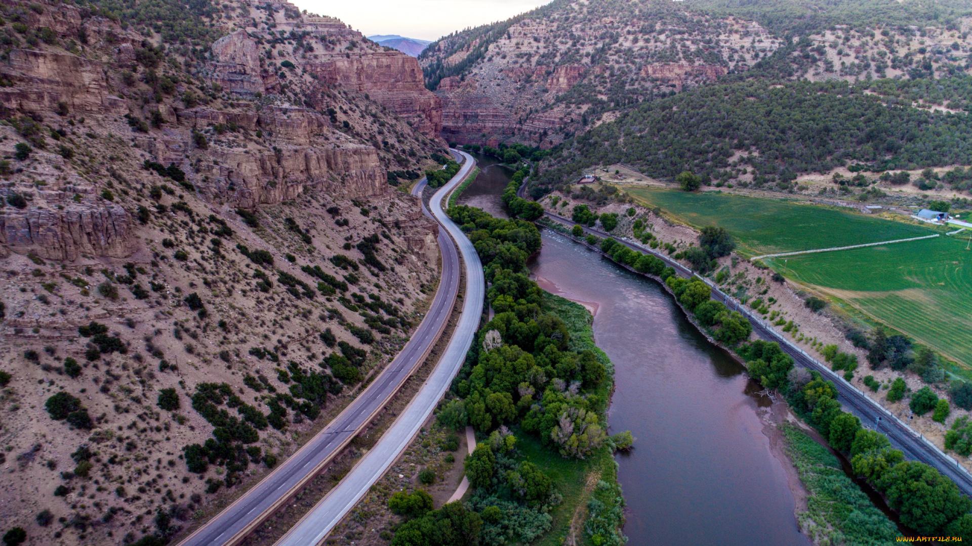 природа, дороги, дорога, горы, река, шоссе, серпантин, панорама