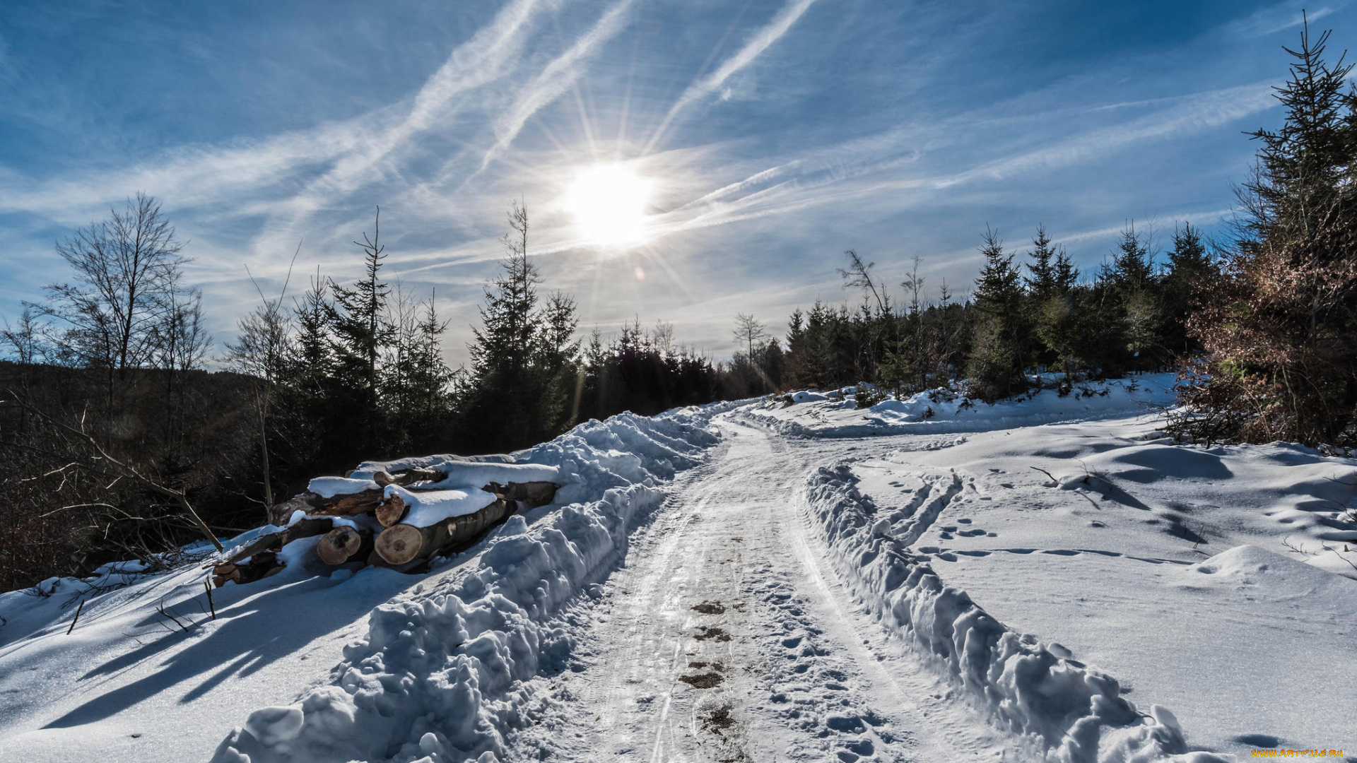природа, зима, деревья, дорога, сугробы, снег