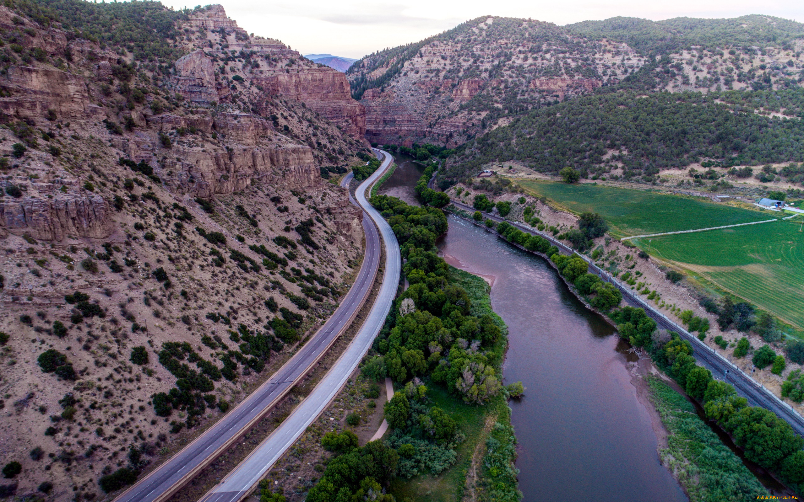 природа, дороги, дорога, горы, река, шоссе, серпантин, панорама