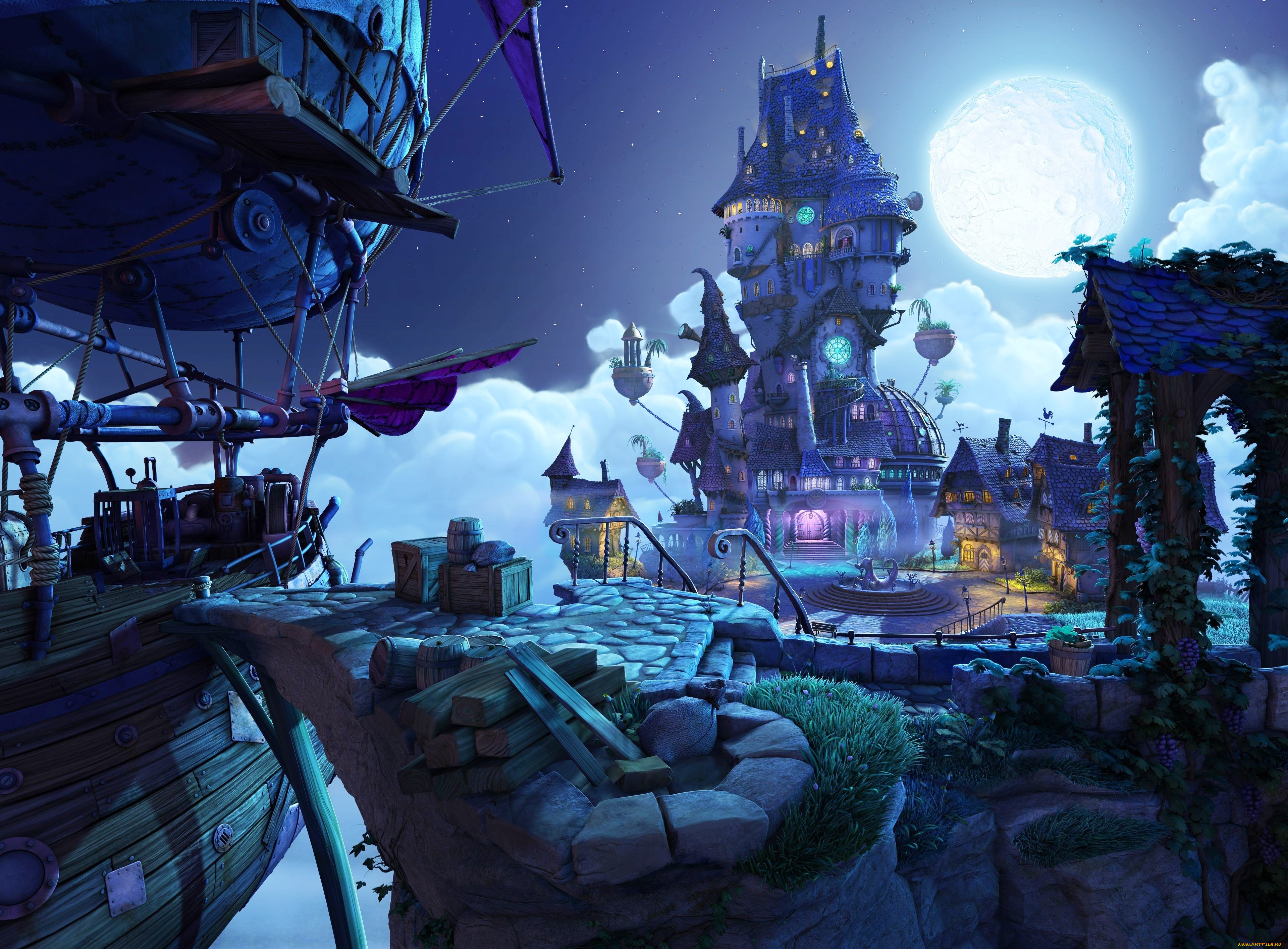 видео, игры, book, of, unwritten, tales, , critter, chronicles, дом, небо, корабль, остров, двор, луна