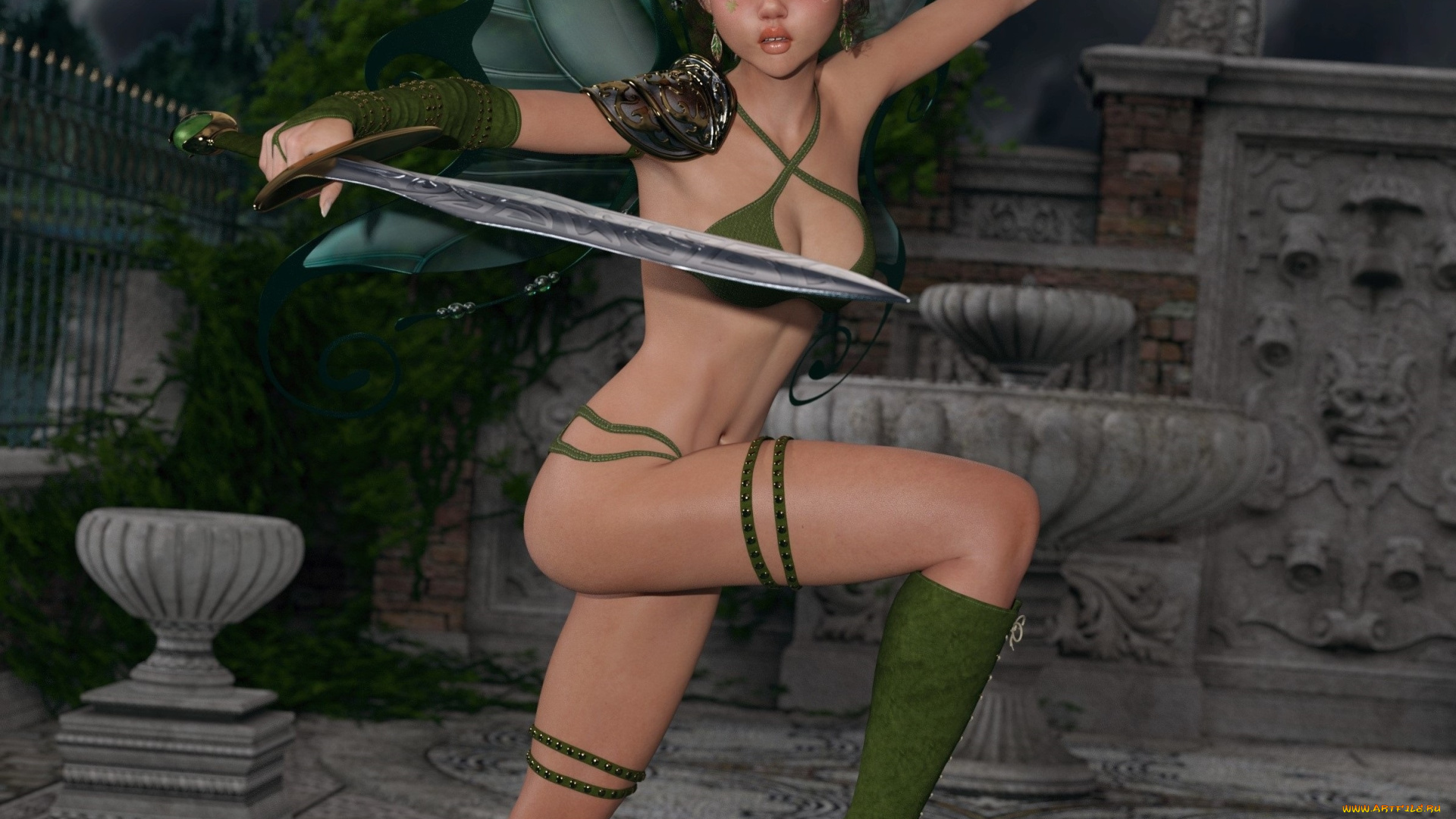 3д, графика, эльфы, , elves, взгляд, фон, эльфийка