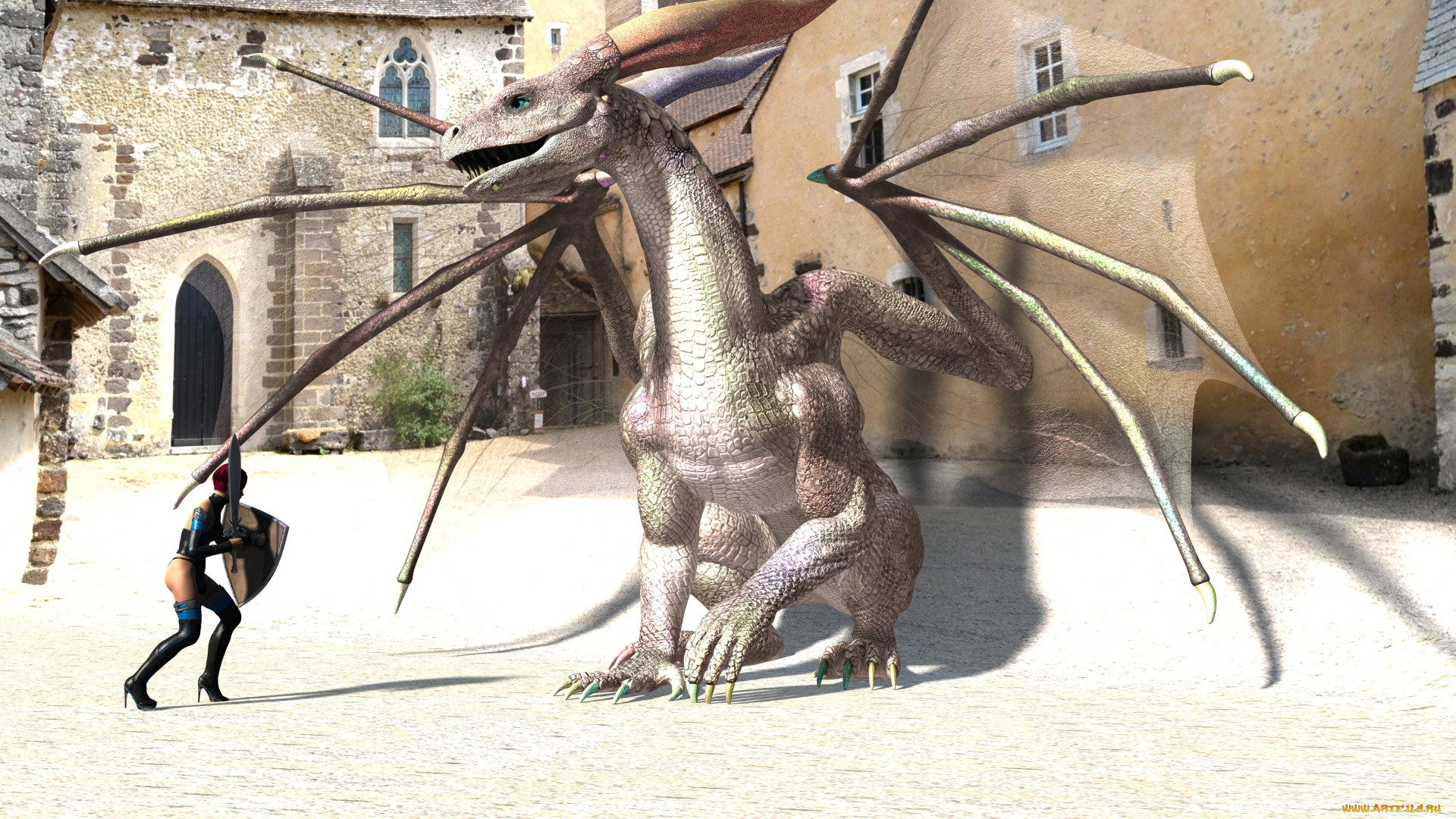 3д, графика, фантазия, , fantasy, девушка, дракон, фон, взгляд