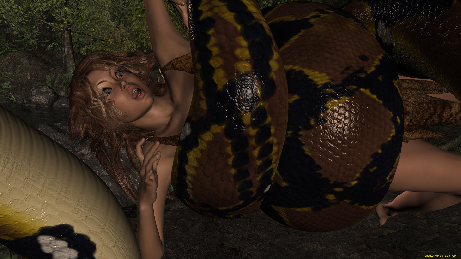 3д, графика, фантазия, , fantasy, змея, фон, взгляд, девушка