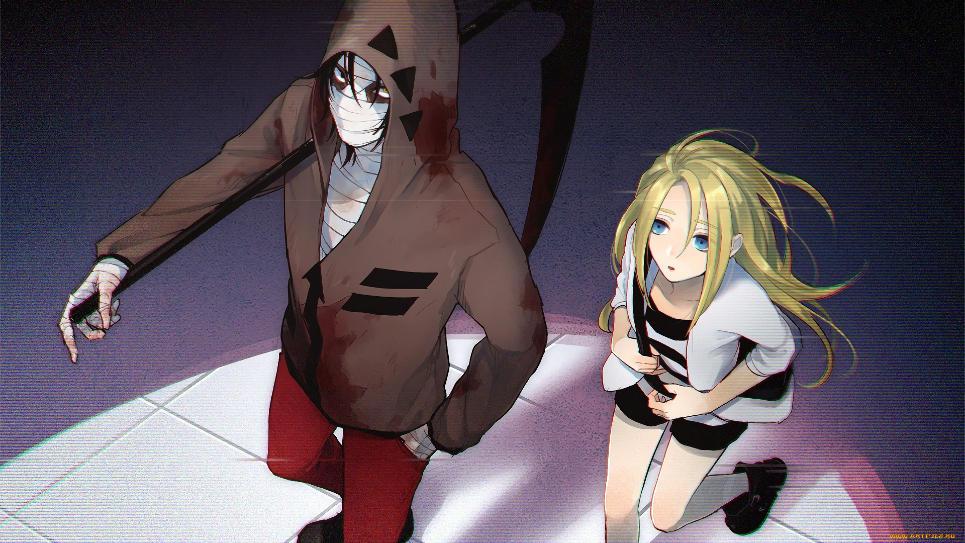 аниме, satsuriku, no, tenshi, satsuriku, no, tenshi, ангел, кровопролития, парень, девушка