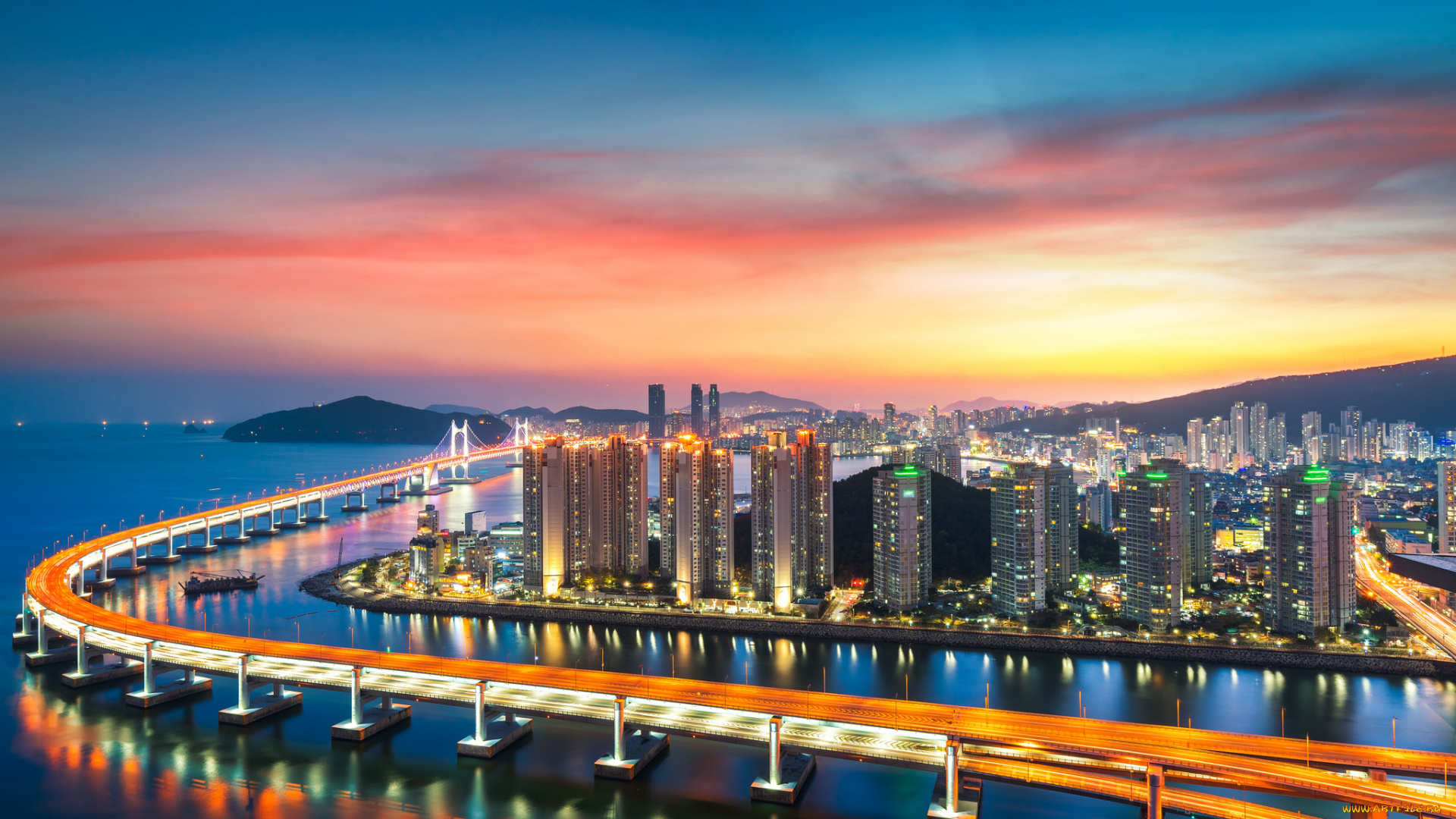 busan, city, города, -, огни, ночного, города, простор