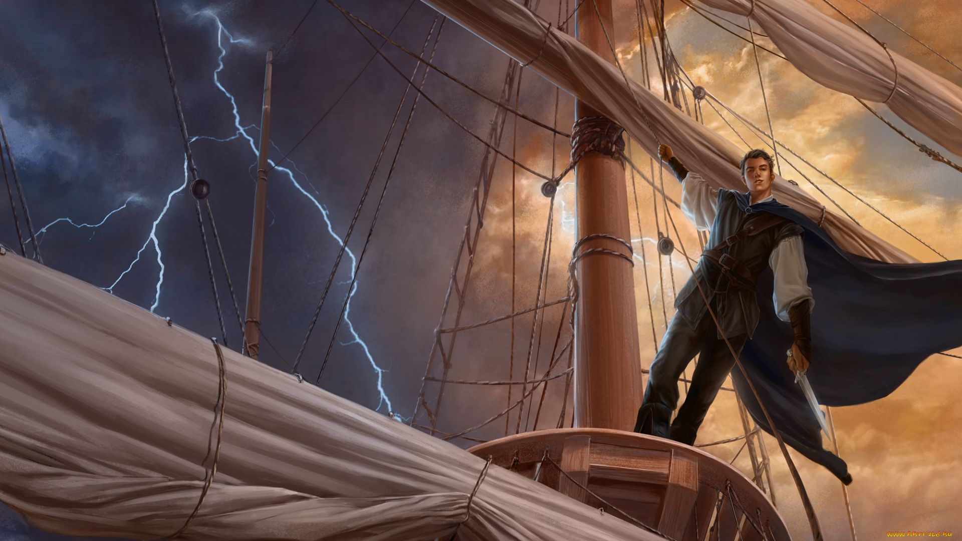 фэнтези, люди, мужчина, фон, мачта, корабль