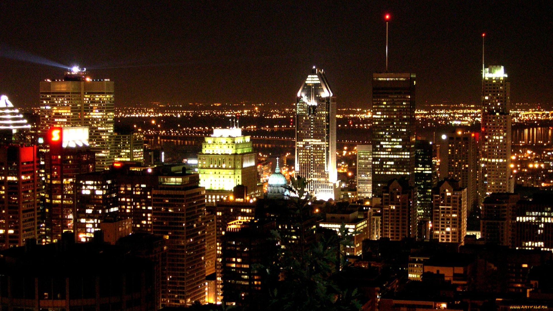 города, монреаль, , канада, огни, вечер, панорама