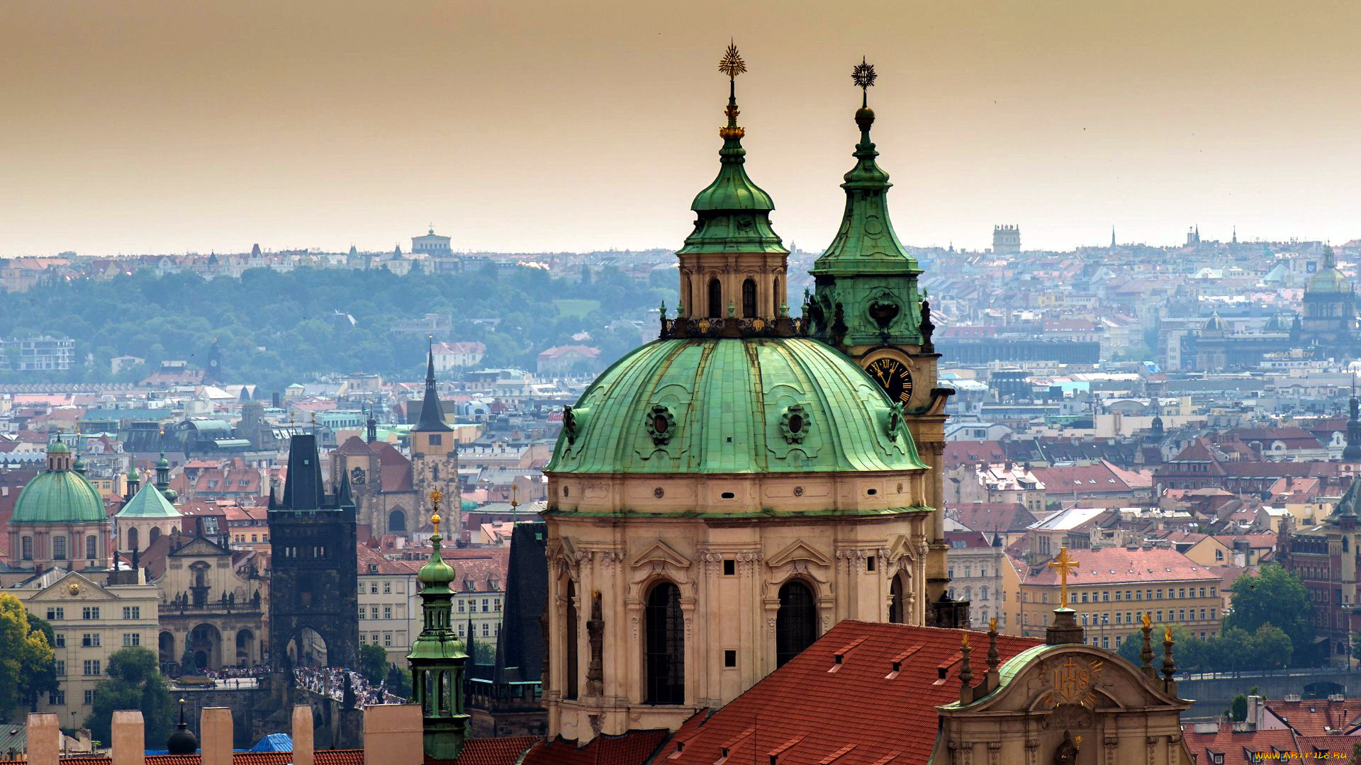 города, прага, , Чехия, панорама, башни