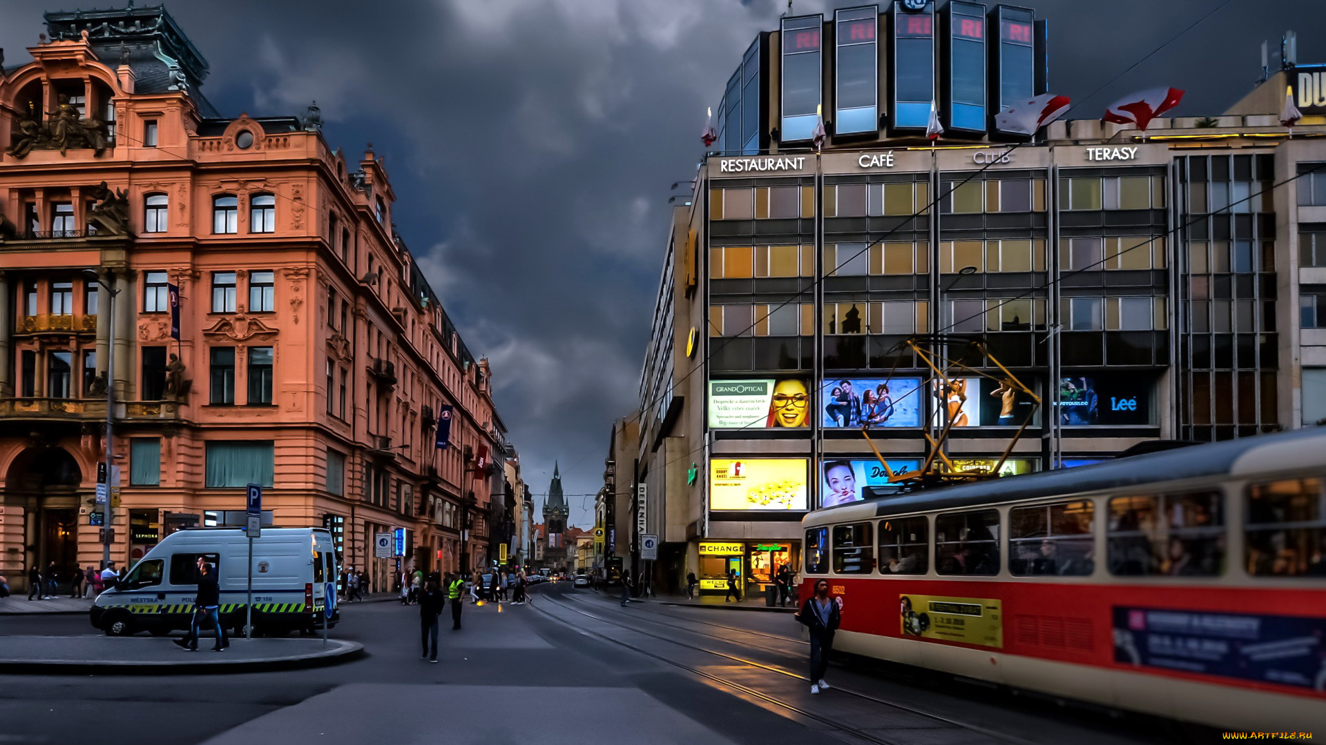 города, прага, , Чехия, трамвай, улица