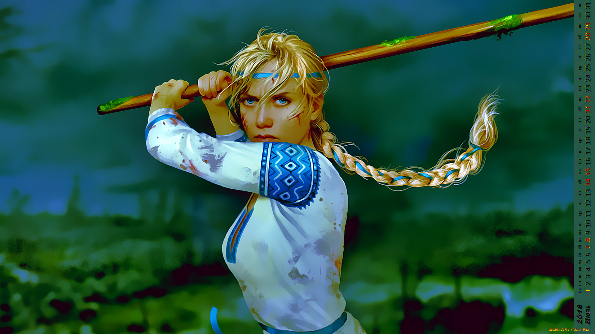 календари, фэнтези, коса, взгляд, девушка, палка