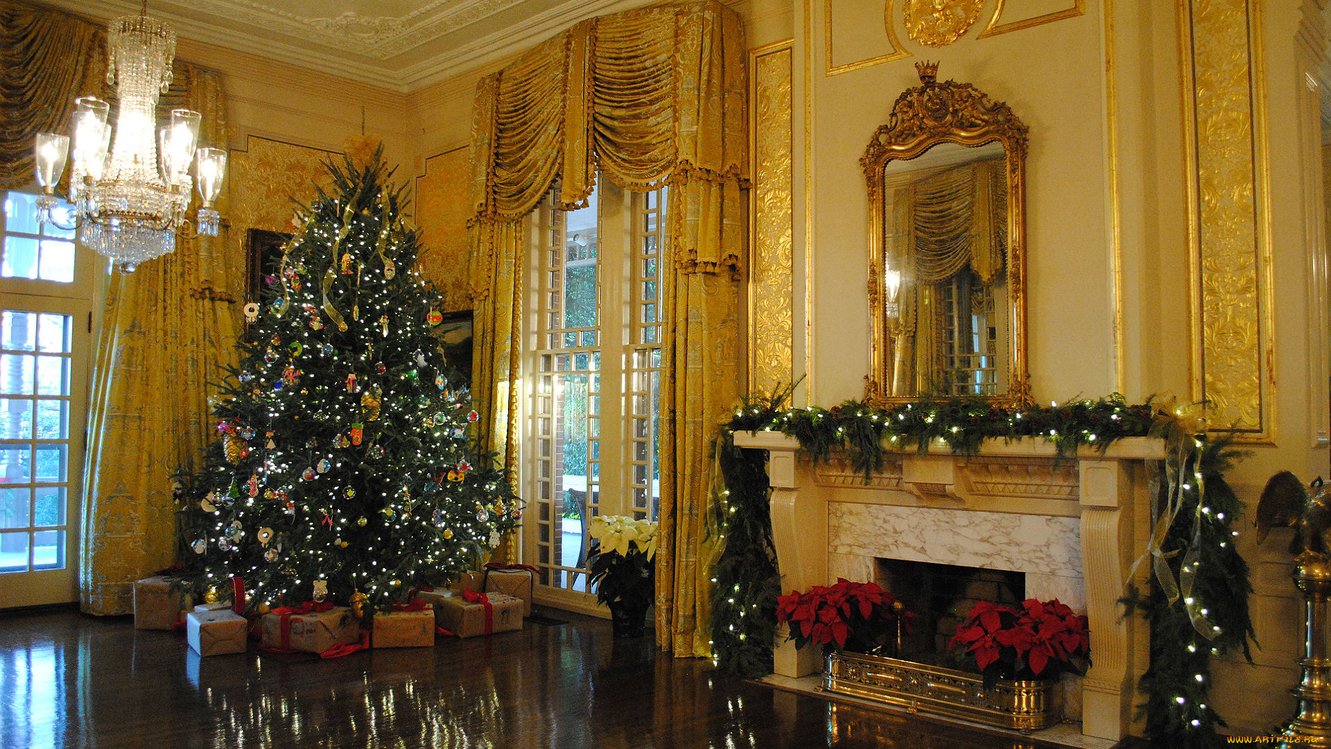 праздничные, Ёлки, камин, елка, гирлянда