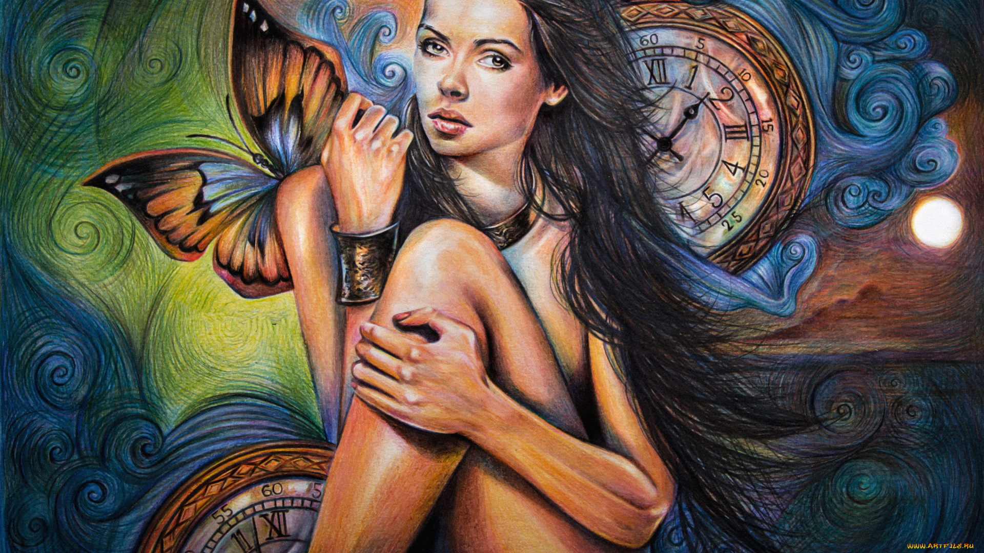 рисованное, живопись, девушка, фон, взгляд, бабочка