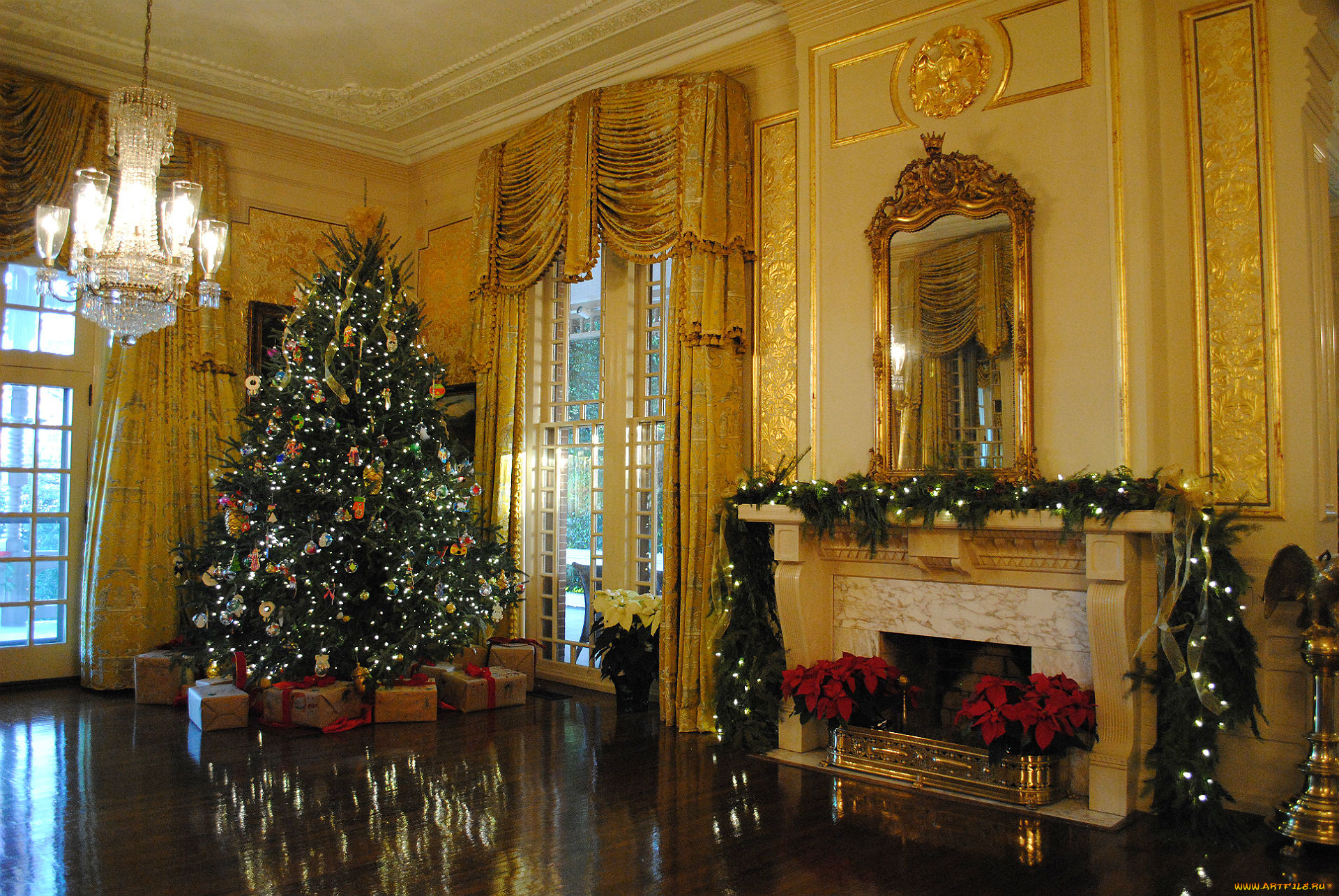 праздничные, Ёлки, камин, елка, гирлянда
