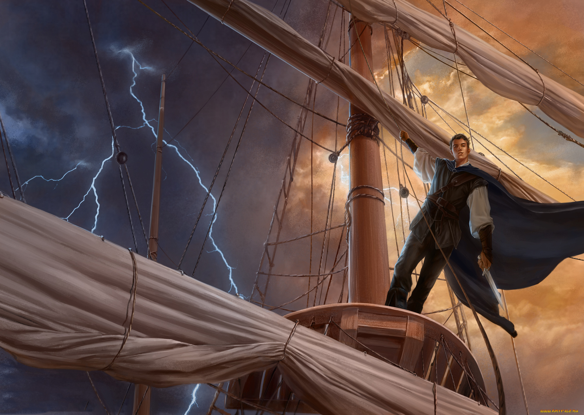фэнтези, люди, мужчина, фон, мачта, корабль