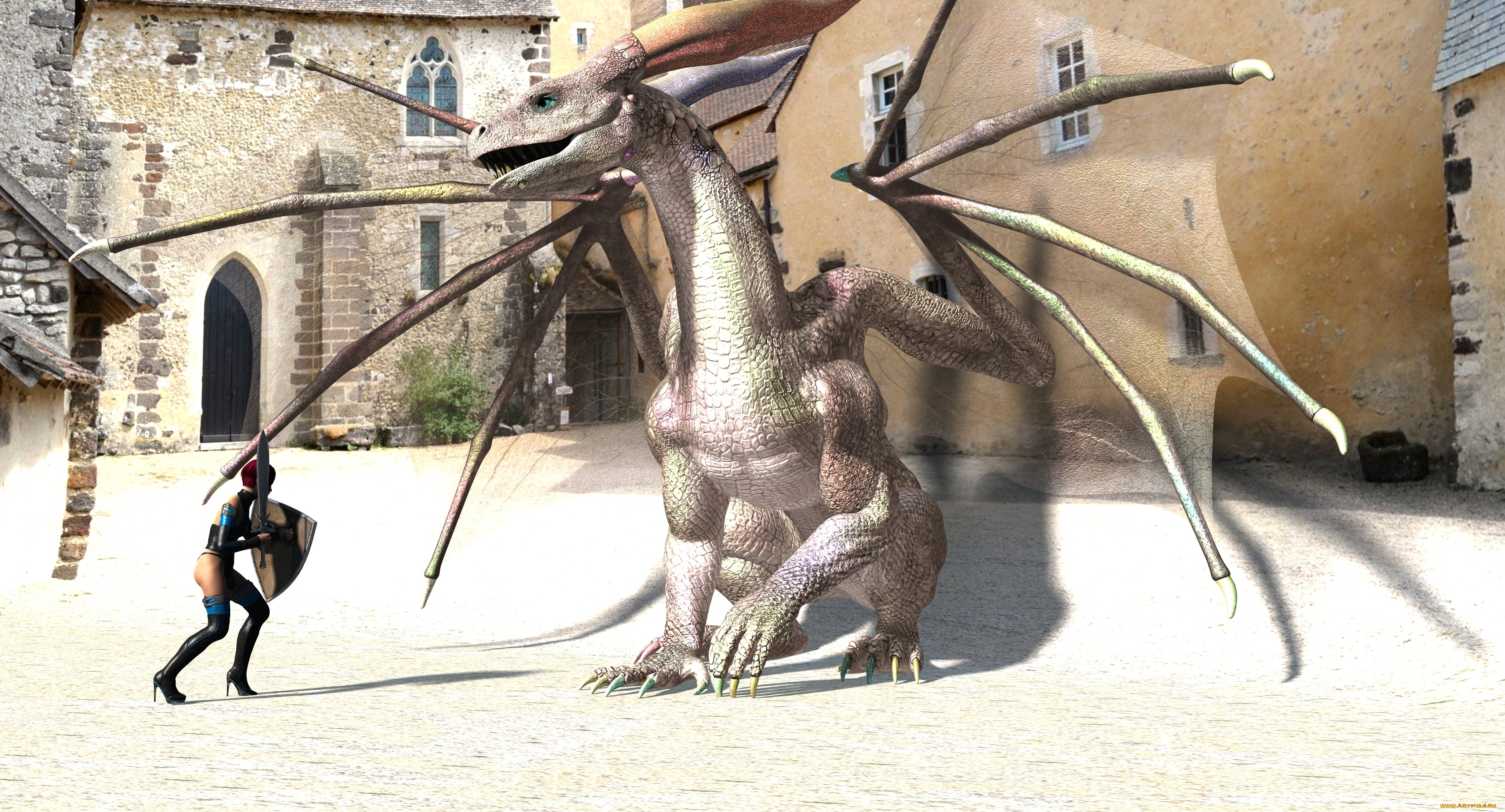 3д, графика, фантазия, , fantasy, девушка, дракон, фон, взгляд