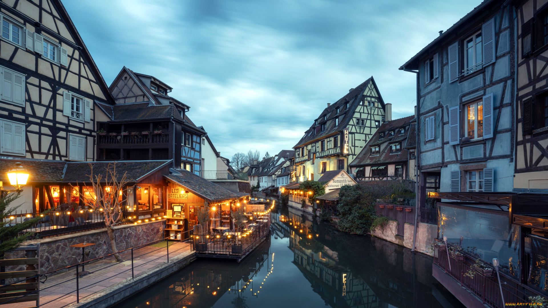 города, кольмар, , франция, канал, вечер, огни