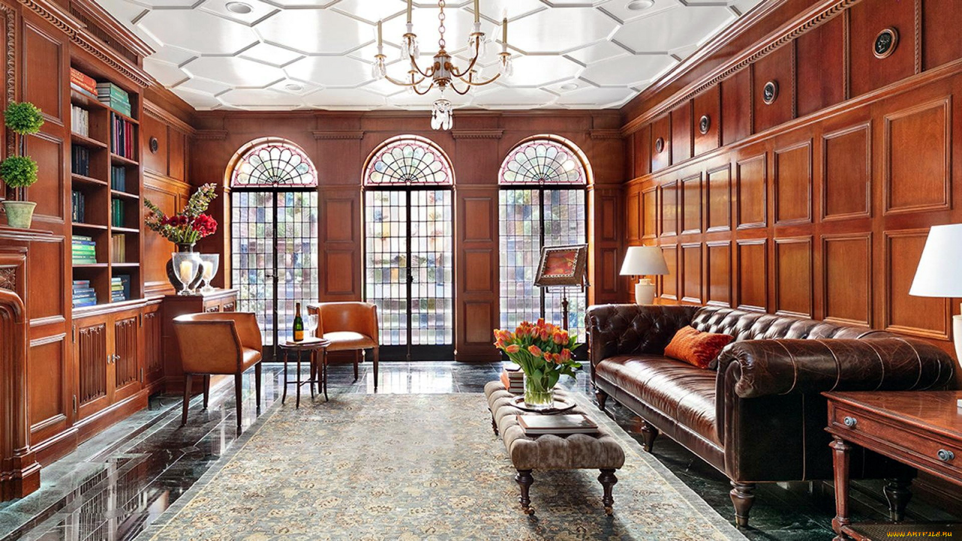 интерьер, гостиная, диван, книжный, шкаф, букет