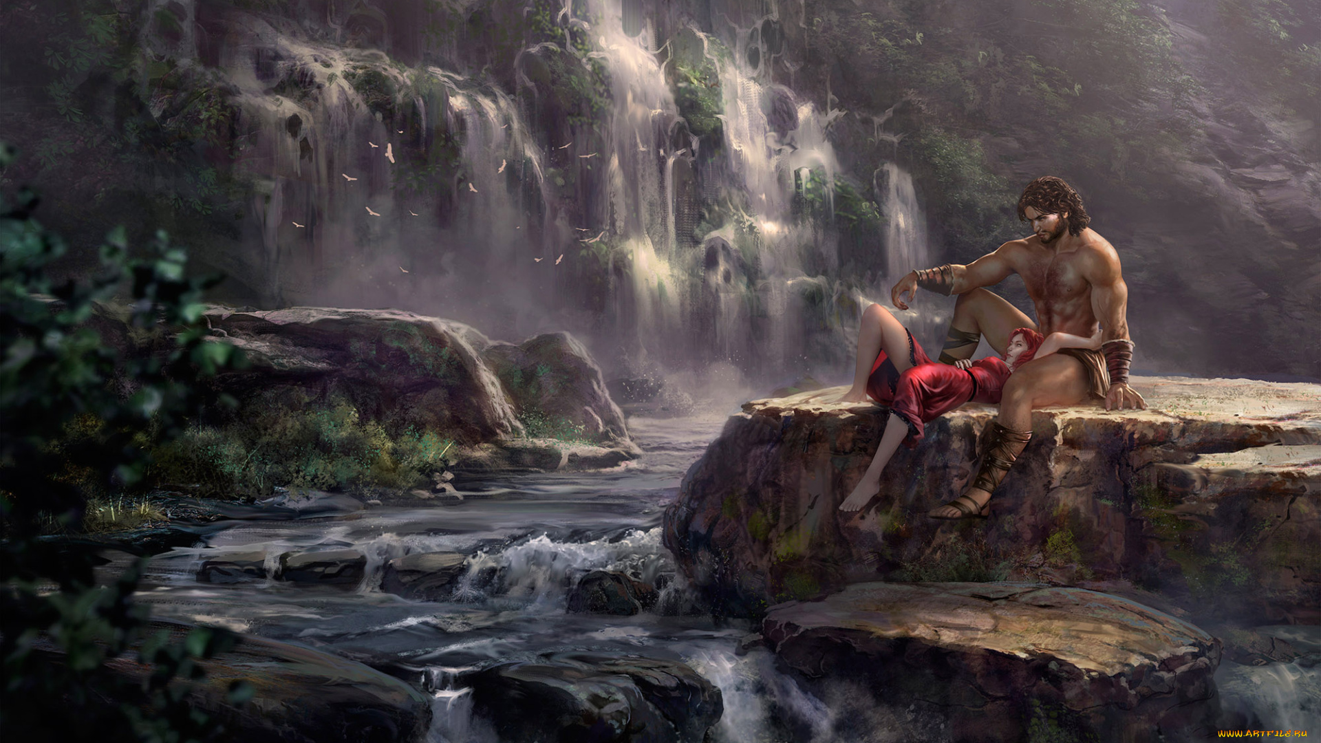 рисованное, люди, девушка, мужчина, фон, водопад