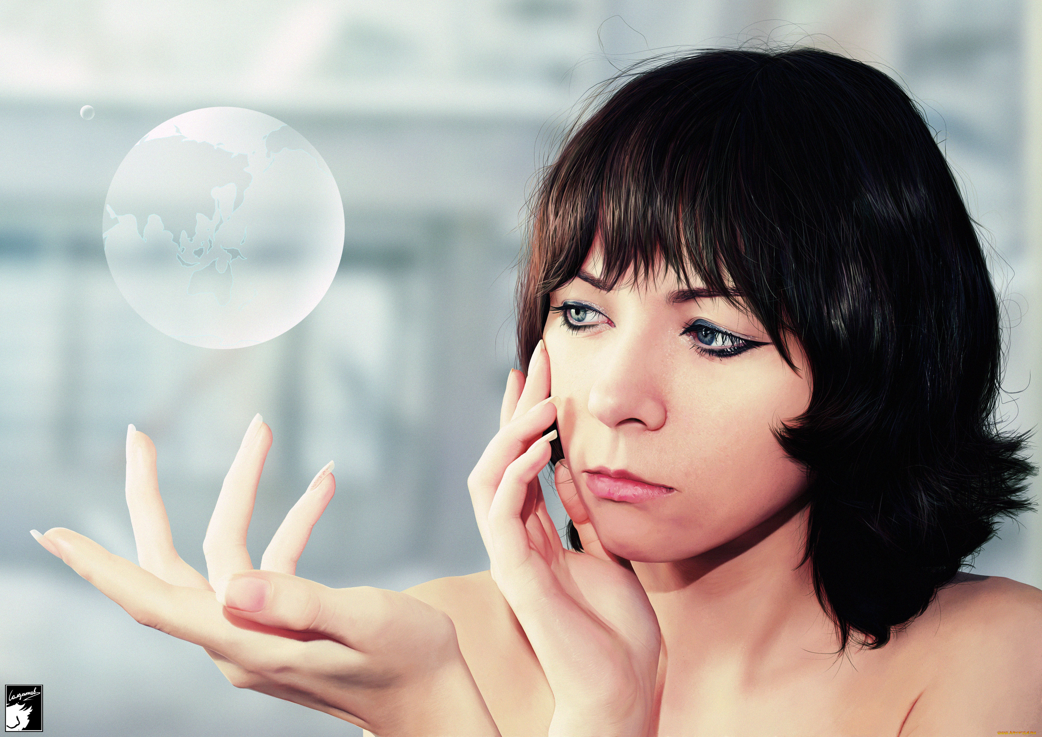 разное, компьютерный, дизайн, девушка, брюнетка, лицо, шар