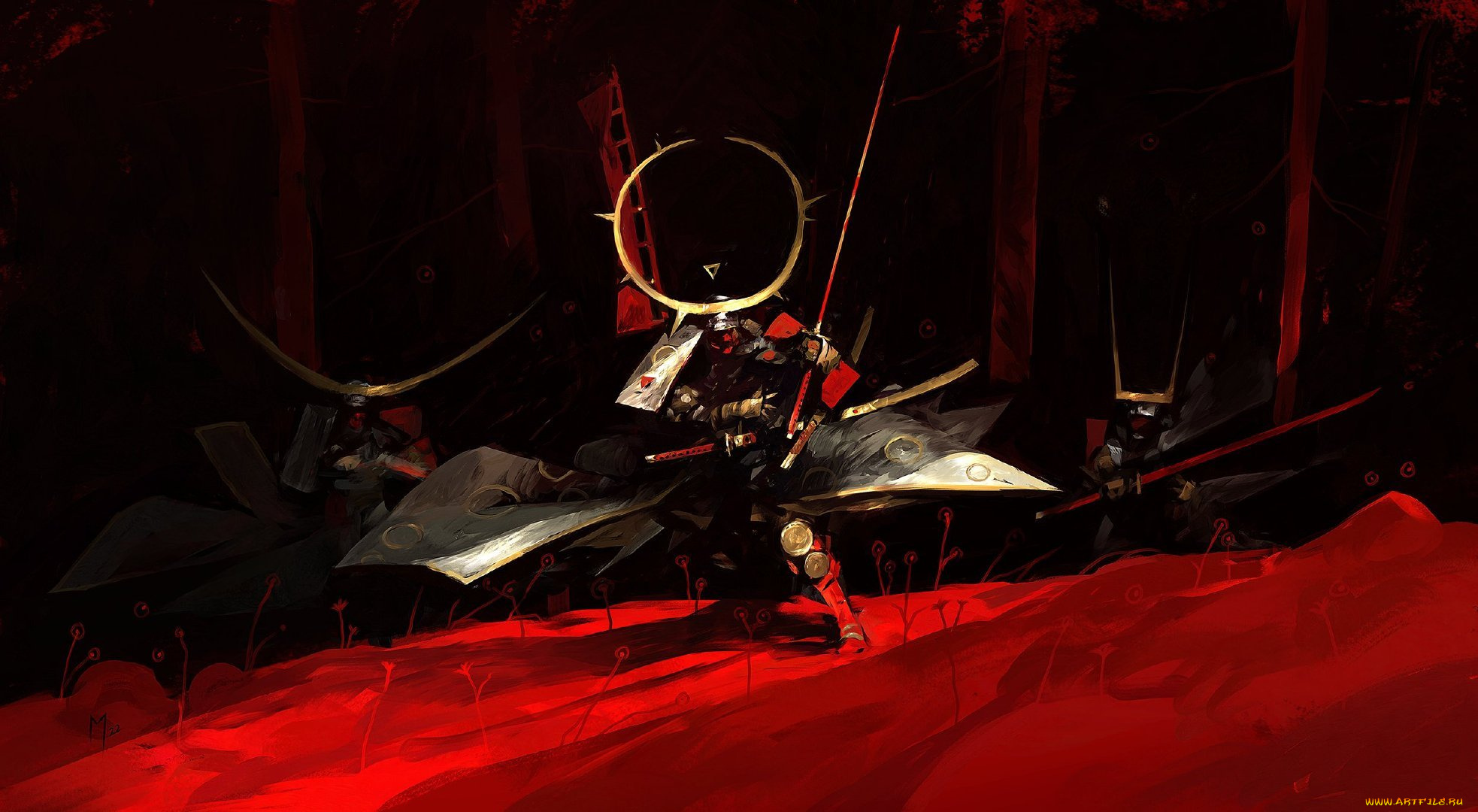 фэнтези, люди, самураи, рога, оружие, лес