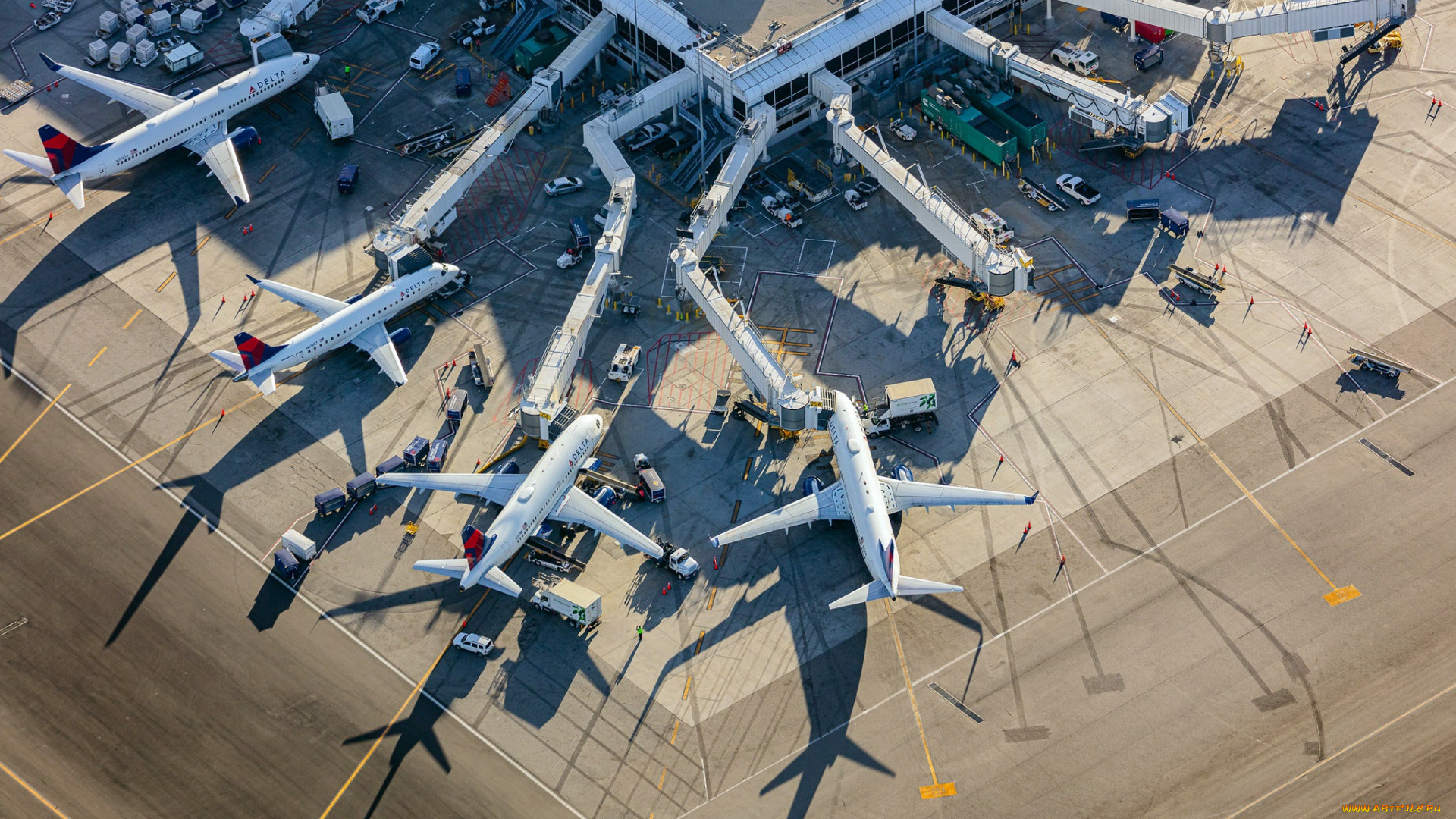 авиация, пассажирские, самолёты, международный, аэропорт, лос, анджелес, вид, с, воздуха, сверху, терминал, большой, пассажирский, самолет, калифорния, сша