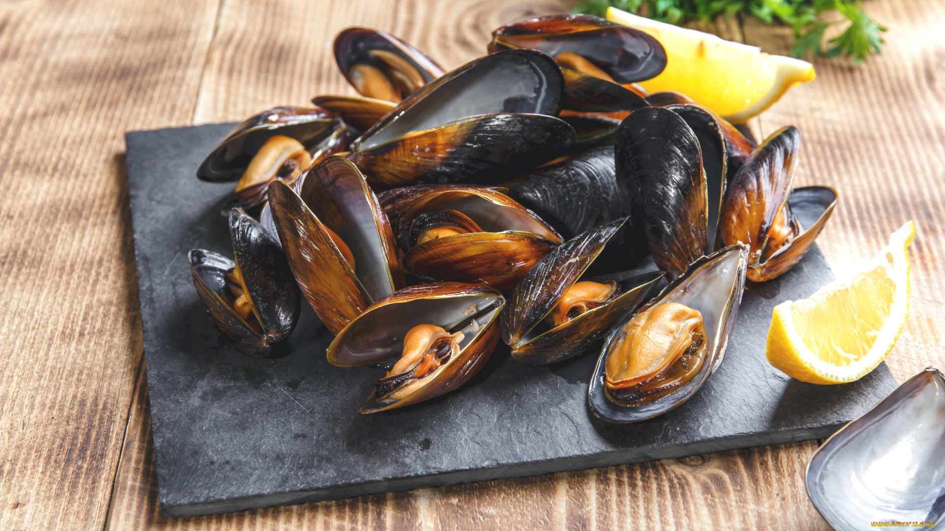 еда, рыбные, блюда, , с, морепродуктами, мидии, лимон