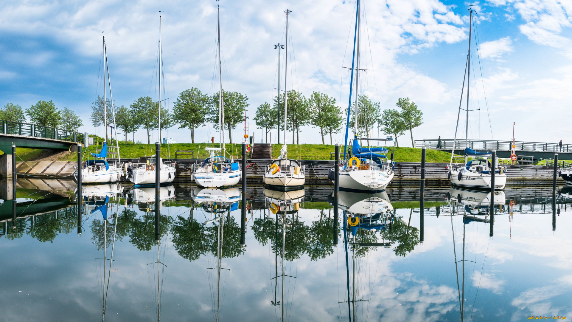 корабли, яхты, мост, причал