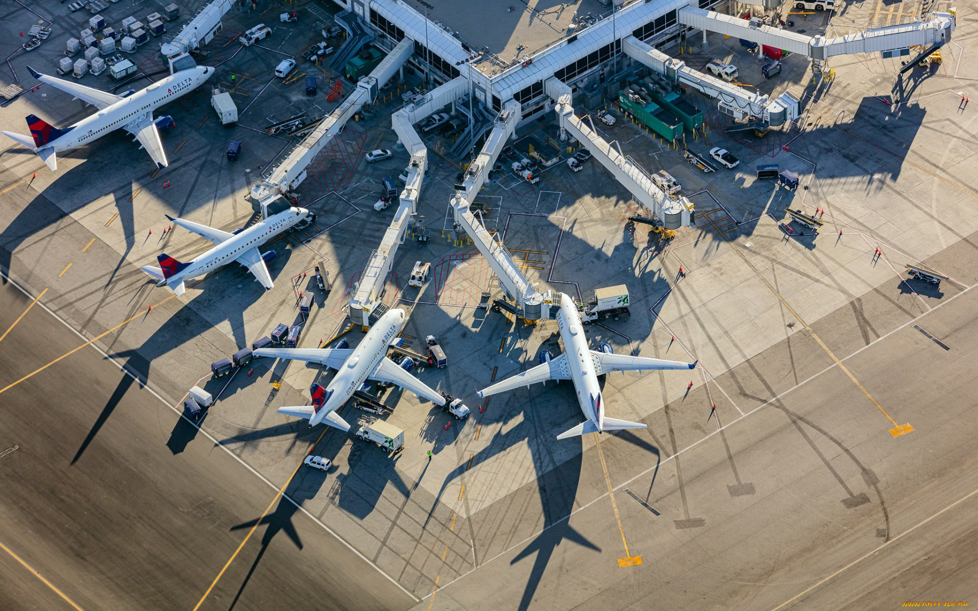 авиация, пассажирские, самолёты, международный, аэропорт, лос, анджелес, вид, с, воздуха, сверху, терминал, большой, пассажирский, самолет, калифорния, сша