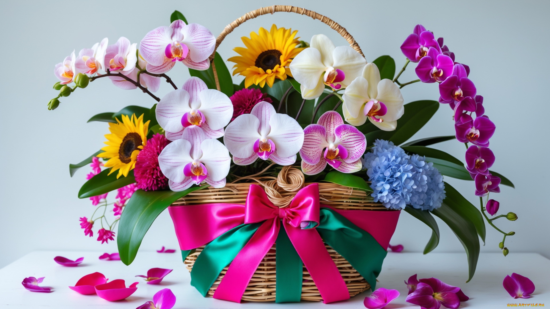 3д, графика, цветы, , flowers, корзинка, букет, орхидеи, подсолнухи, ленты