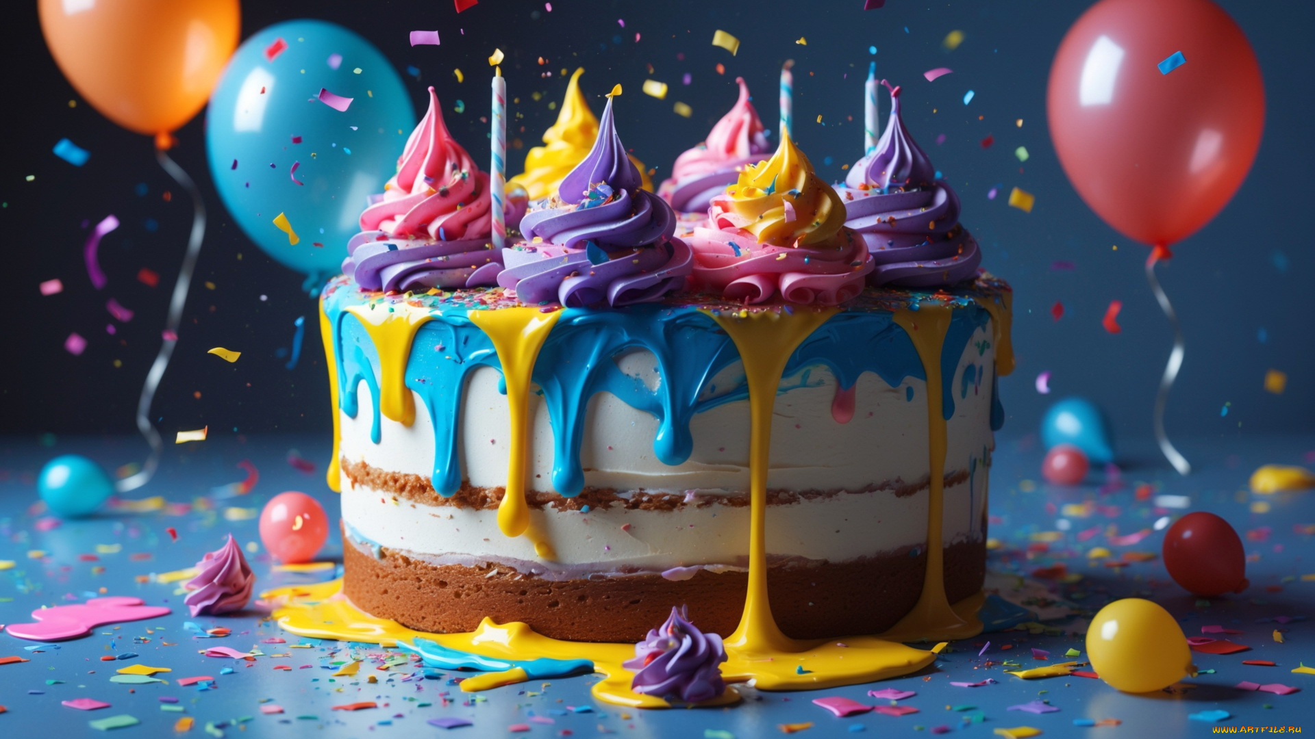 3д, графика, праздники, , holidays, день, рождения, торт, шарики