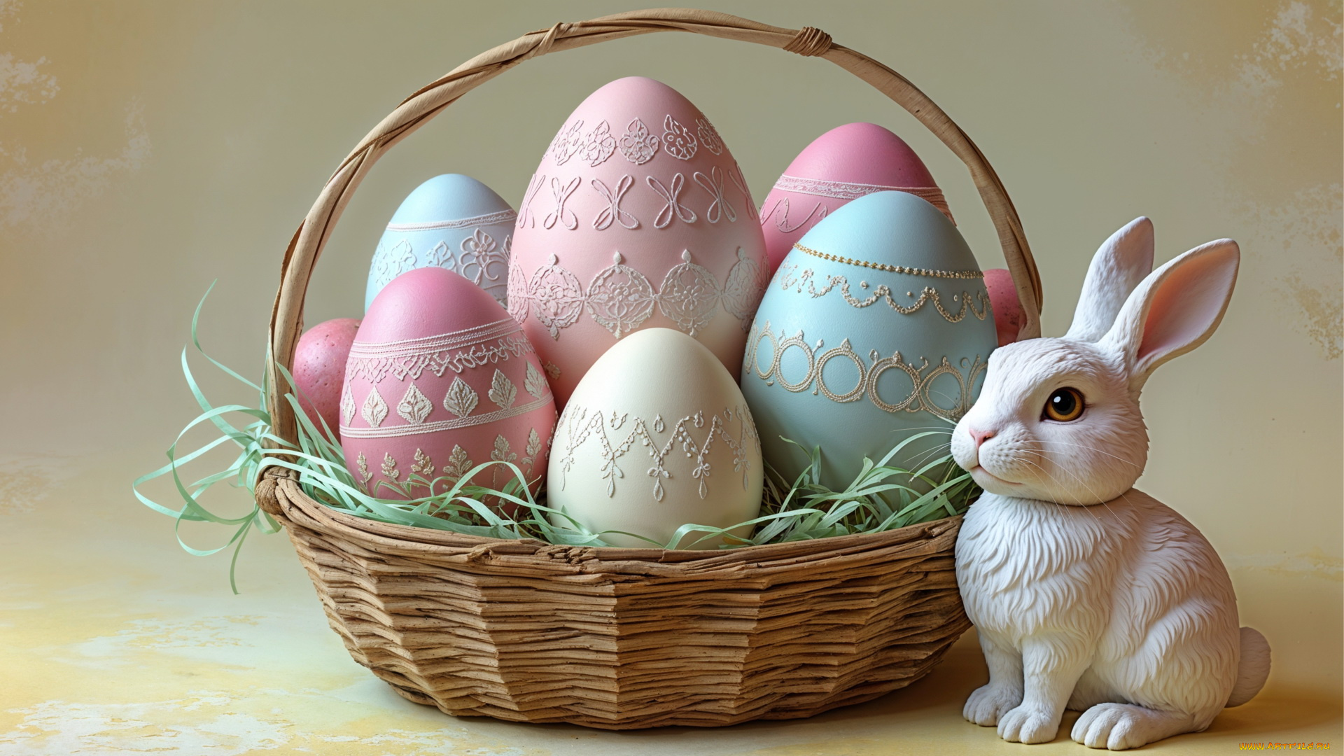 3д, графика, праздники, , holidays, корзинка, кролик, пасха, яйца