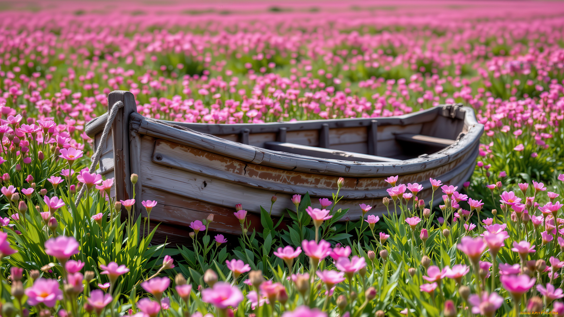 3д, графика, реализм, , realism, луг, цветы, лодка