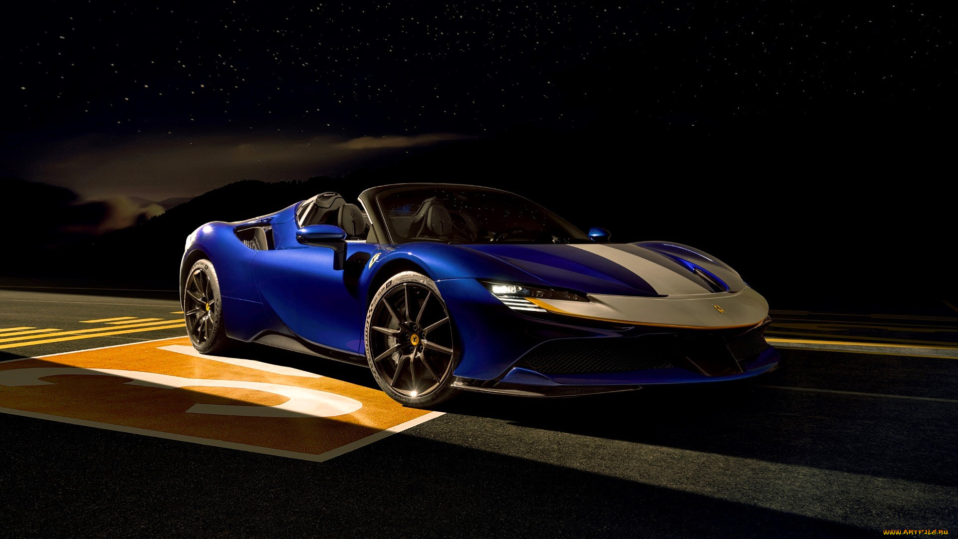 ferrari, sf90, stradale, автомобили, ferrari, синий, дорога, ночь, звезды