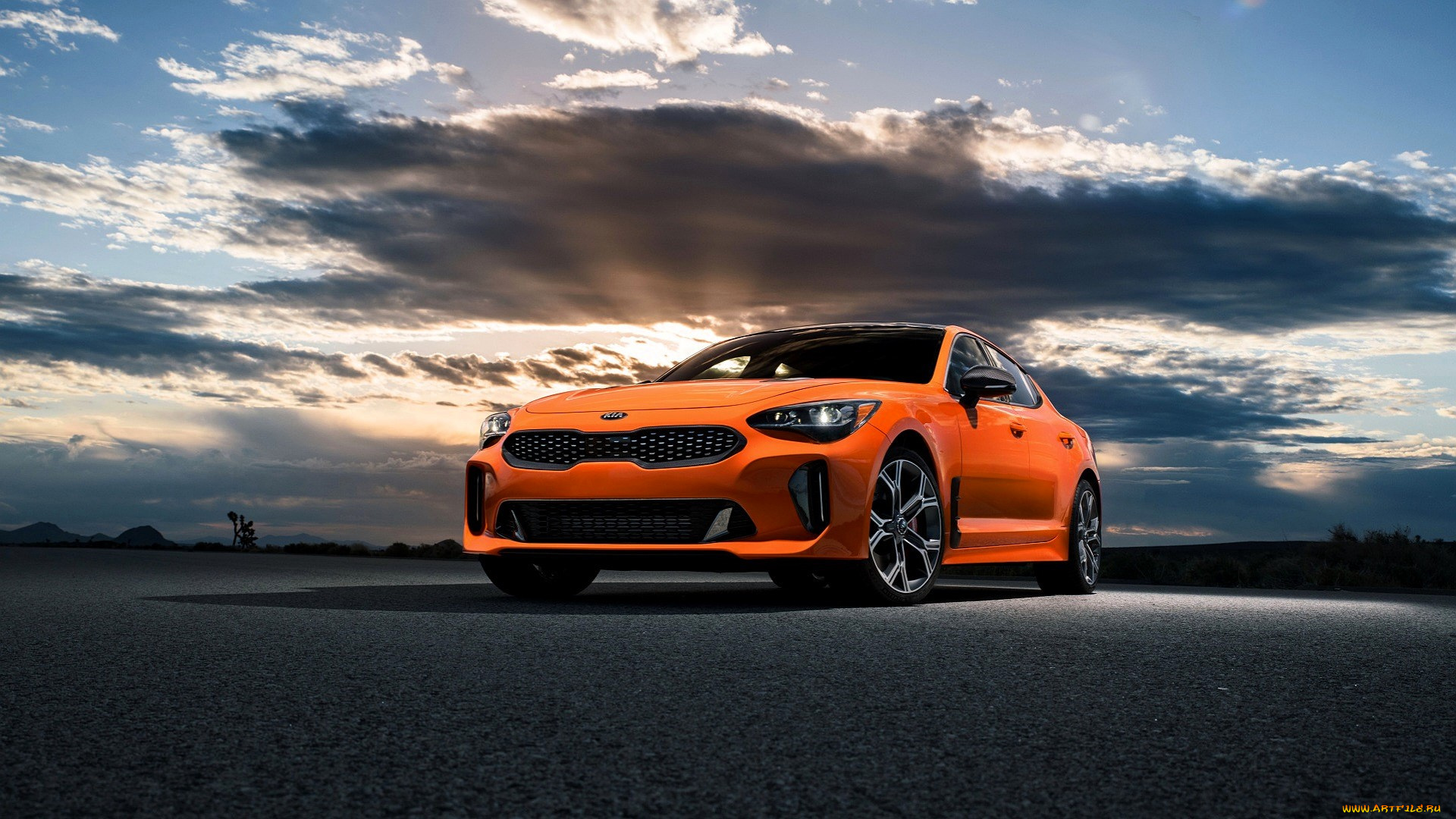 kia, stinger, автомобили, kia, оранжевый, площадка, небо, облака