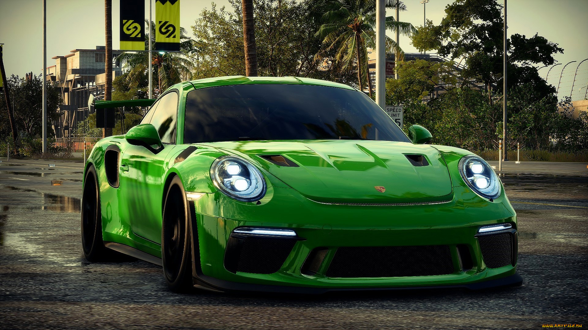 porsche, 911, gt3, автомобили, porsche, зеленый, улица, дома, деревья, лужи