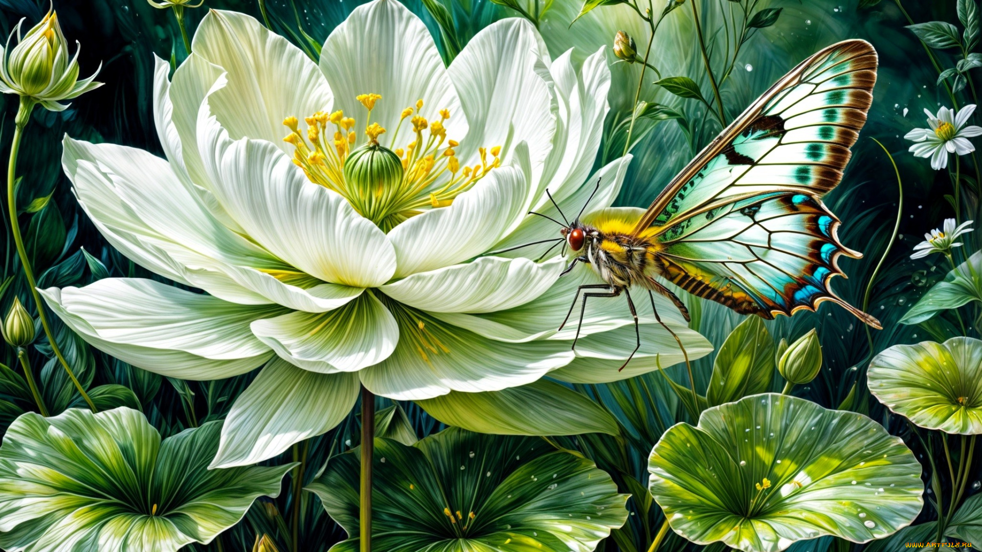 рисованное, цветы, листья, бутоны, бабочка