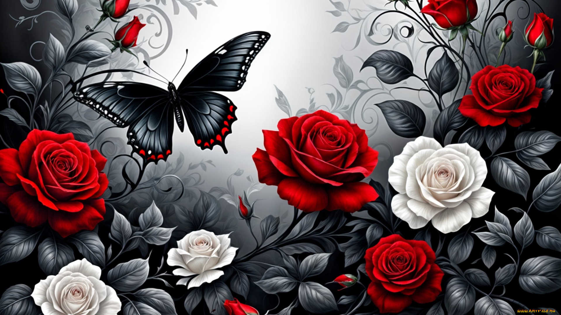 рисованное, цветы, розы, бутоны, листья, бабочка