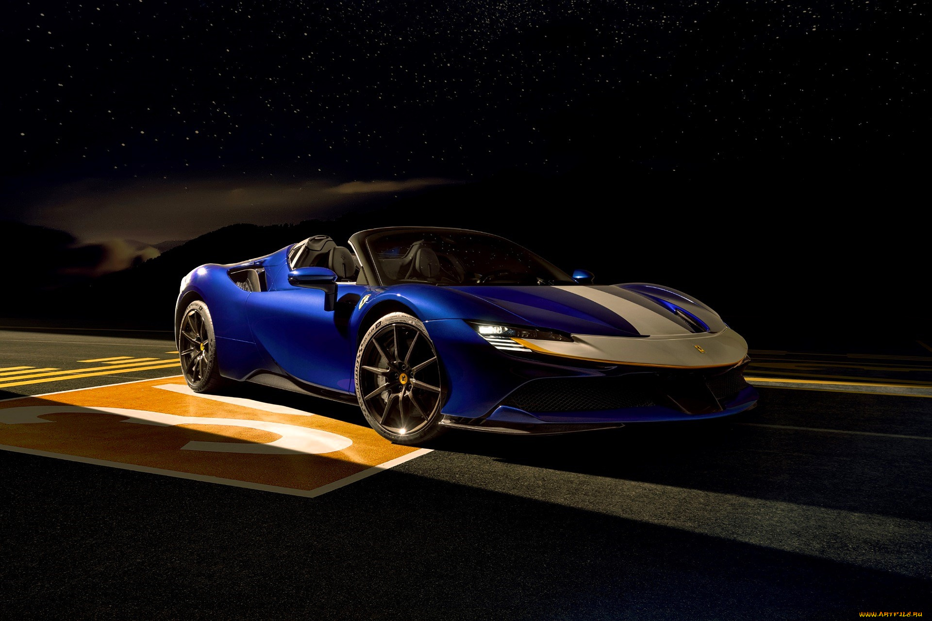 ferrari, sf90, stradale, автомобили, ferrari, синий, дорога, ночь, звезды