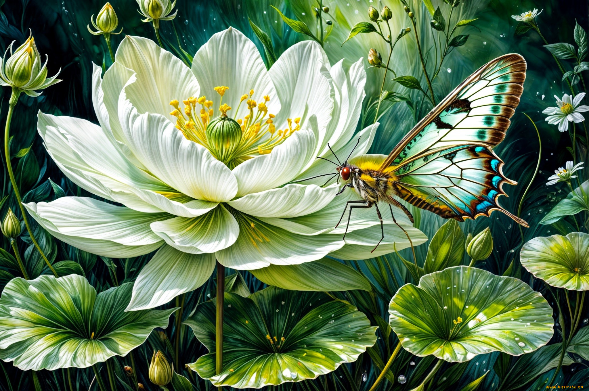 рисованное, цветы, листья, бутоны, бабочка