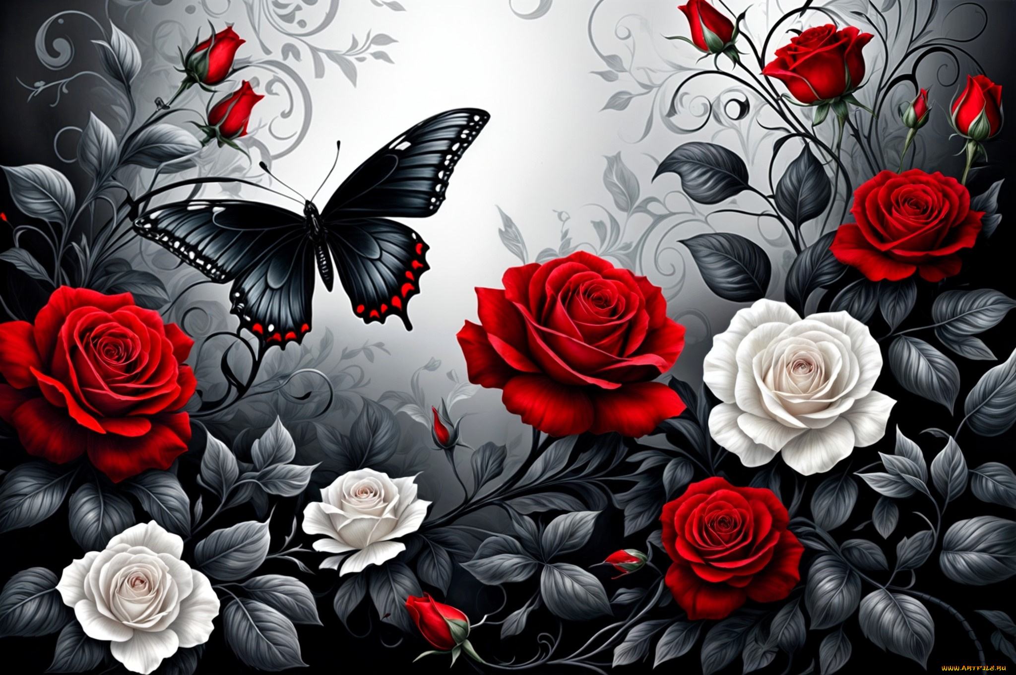 рисованное, цветы, розы, бутоны, листья, бабочка
