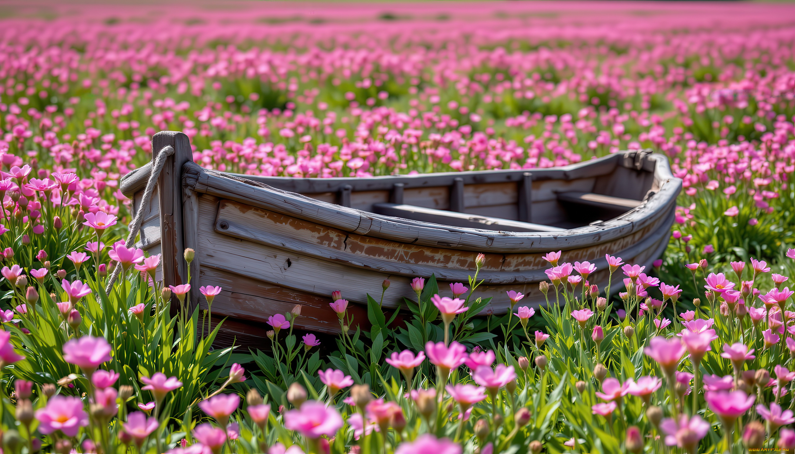 3д, графика, реализм, , realism, луг, цветы, лодка