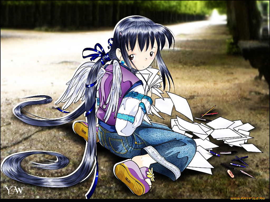 аниме, angels, demons, девушка, крылья, ангел, листы