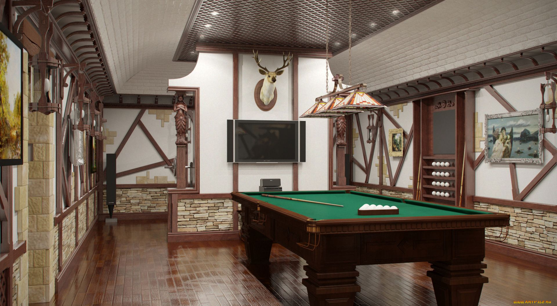 интерьер, бильярдная, биллиард, кий