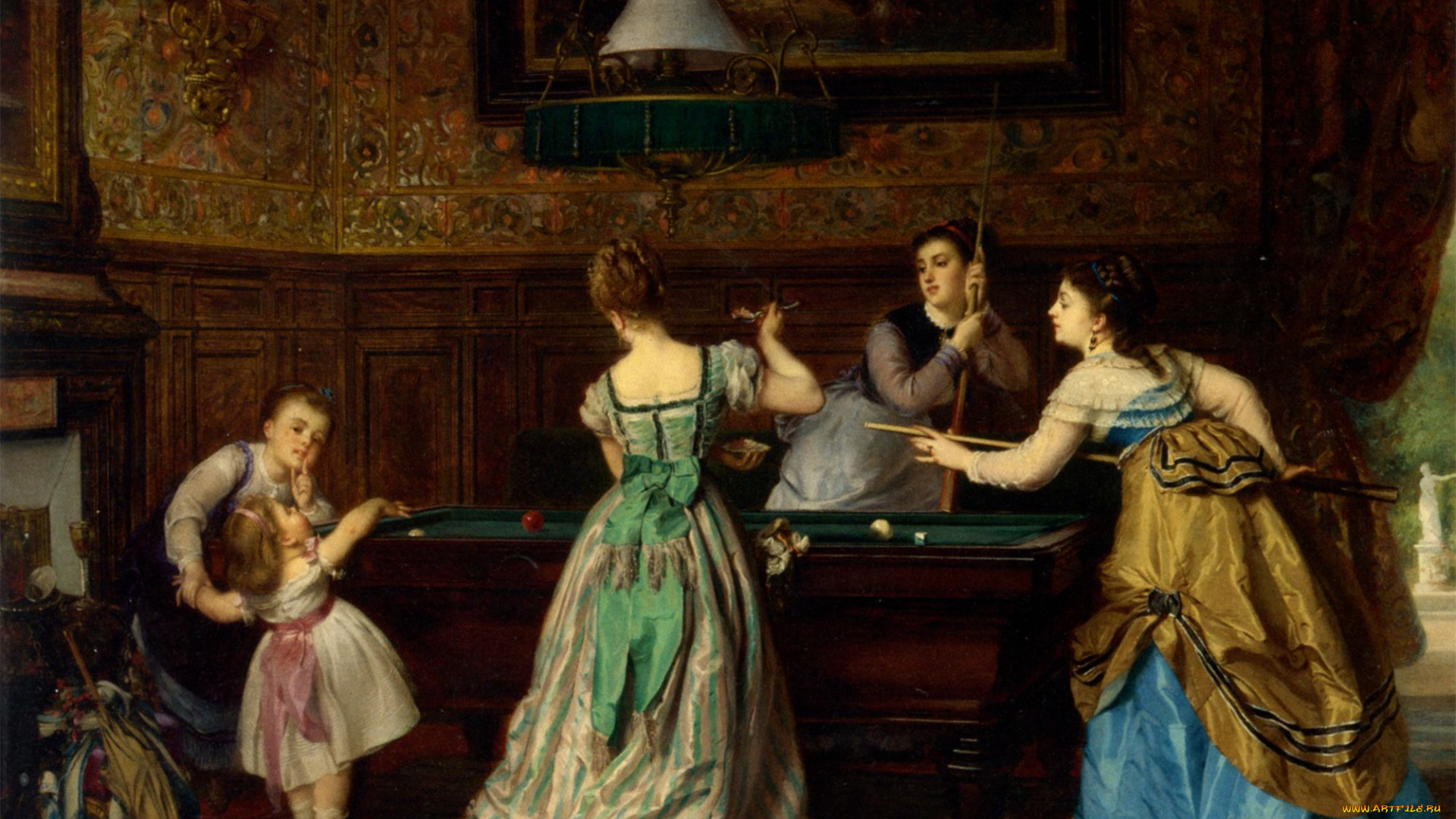 charles, edouard, boutibonne, ladies, playing, billiards, рисованные, бильярд