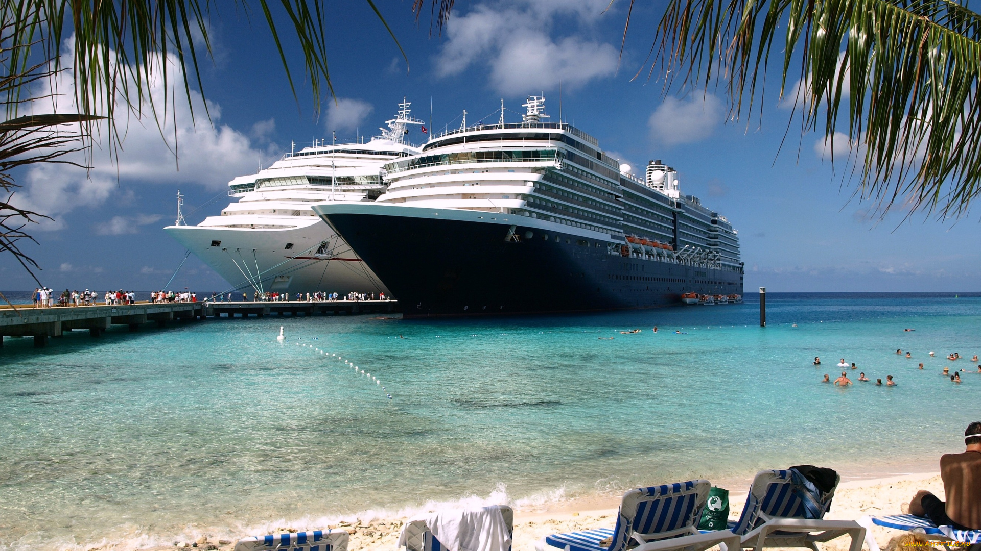 корабли, лайнеры, круиз, пляж, пальмы