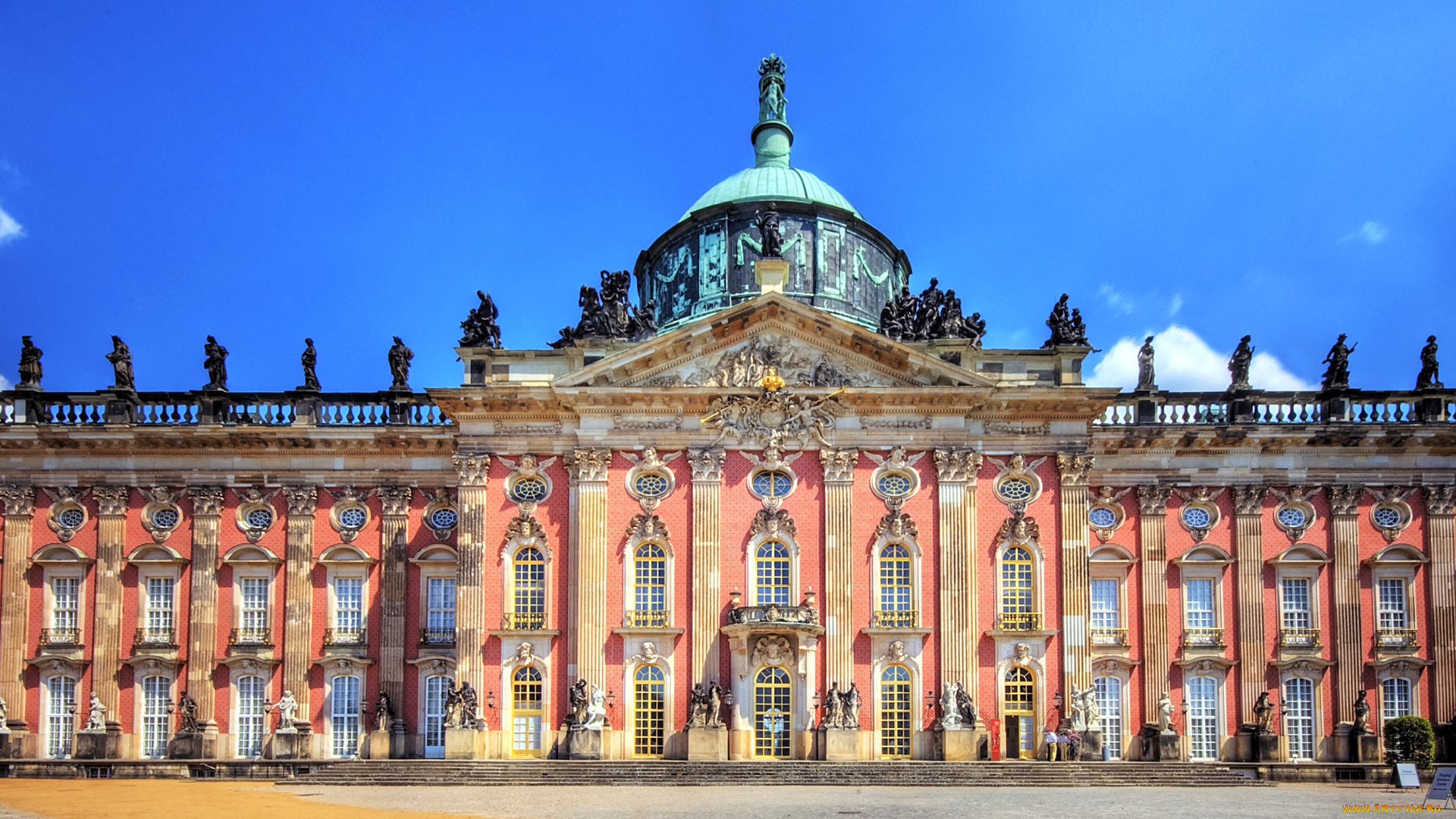 новый, дворец, потсдам, германия, города, дворцы, замки, крепости, окна, большой, купол, статуи
