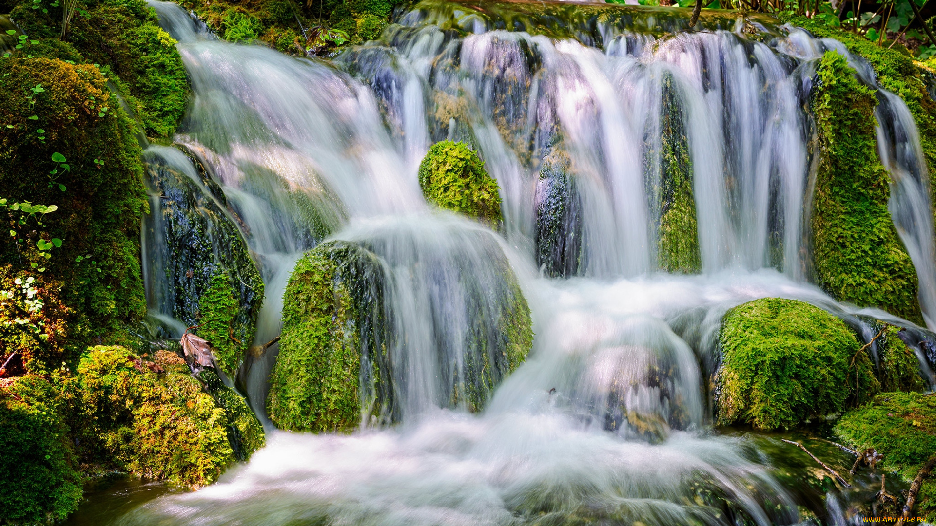 природа, водопады, мох, камни, поток, вода